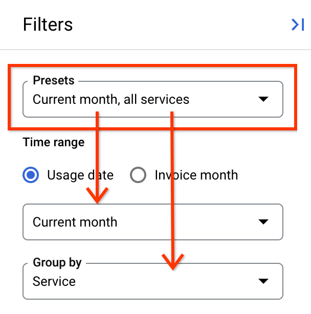 Configuração de visualizações predefinidas no painel de filtros.