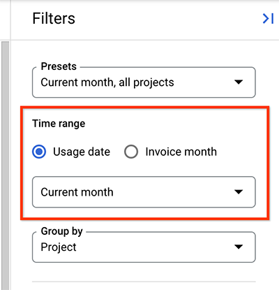 A configuração de período do relatório no painel de filtros.