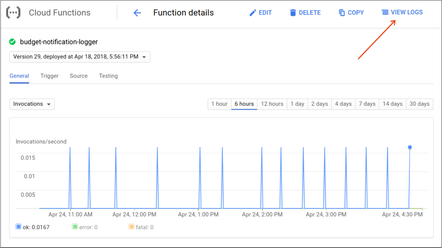 Shows where you can find view logs on the screen and the list of
         Cloud Function events in the Google Cloud console.