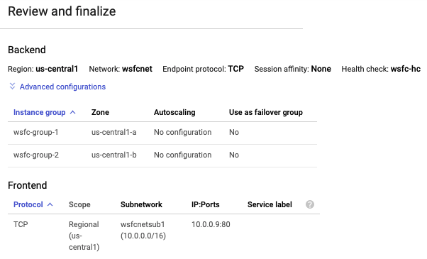 La consola de Google Cloud muestra la configuración final para el balanceo de cargas interno.