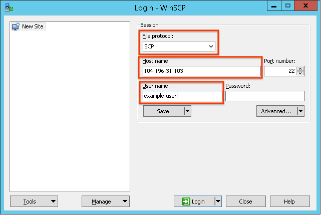 Setting the file protocol to SCP, the hostname to 104.196.31.103, and the username to example-user.