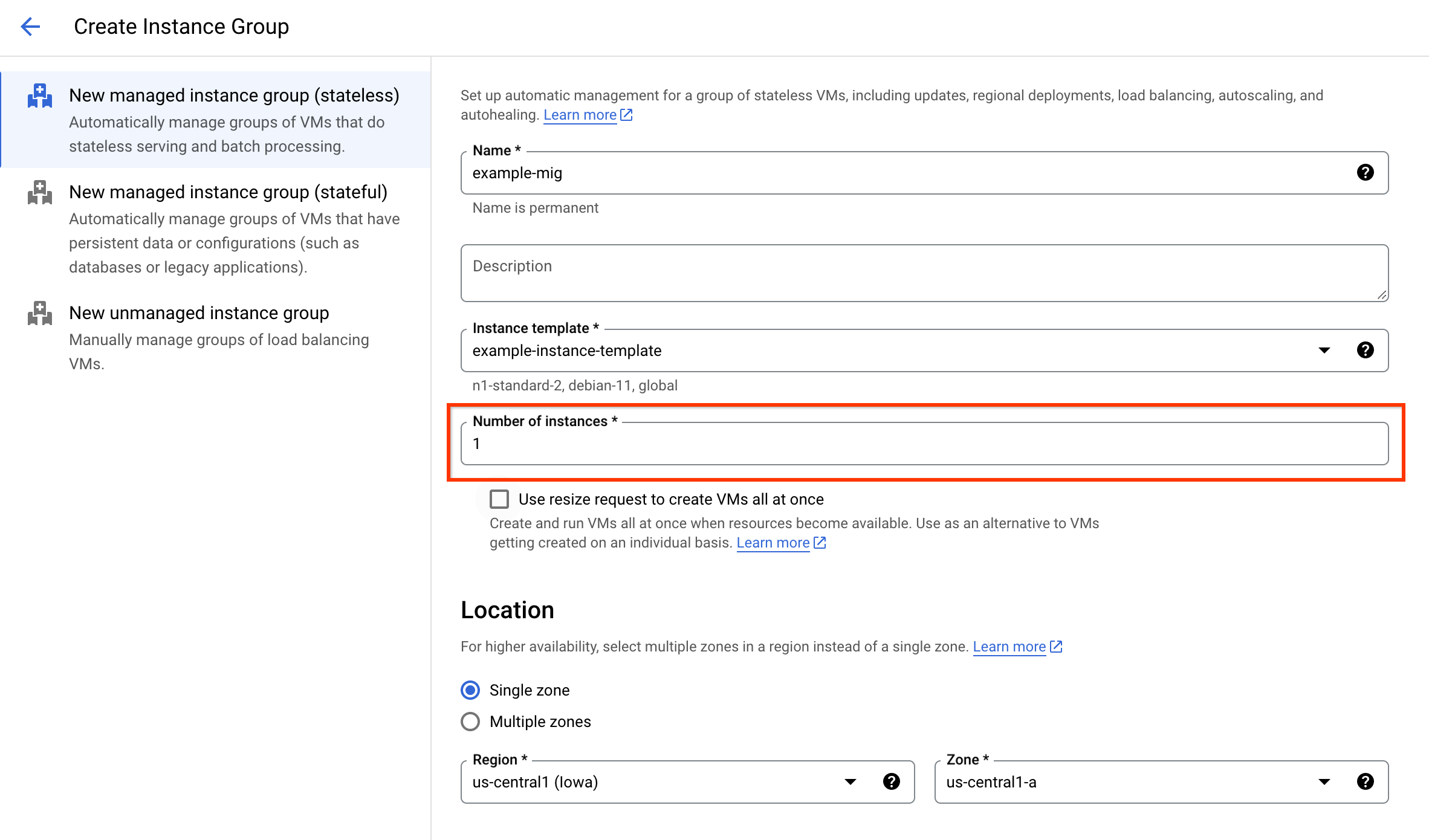 The number of instances field on the Create instance group page.