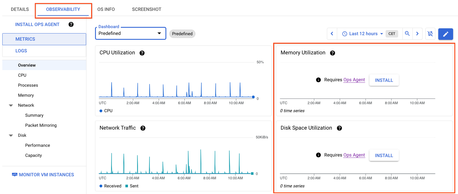 Scheda Osservabilità
 per una VM senza Ops Agent installato.