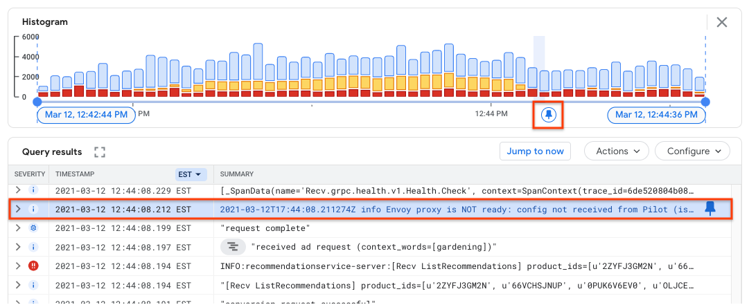 Logs Explorer menampilkan entri log yang disematkan di panel Query results dan Histogram.