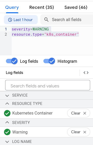 Contoh panel Log fields dengan dua pilihan.