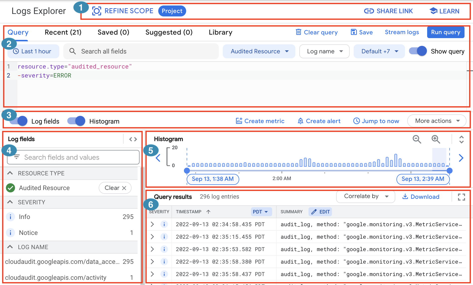 Antarmuka pengguna untuk Logs Explorer.