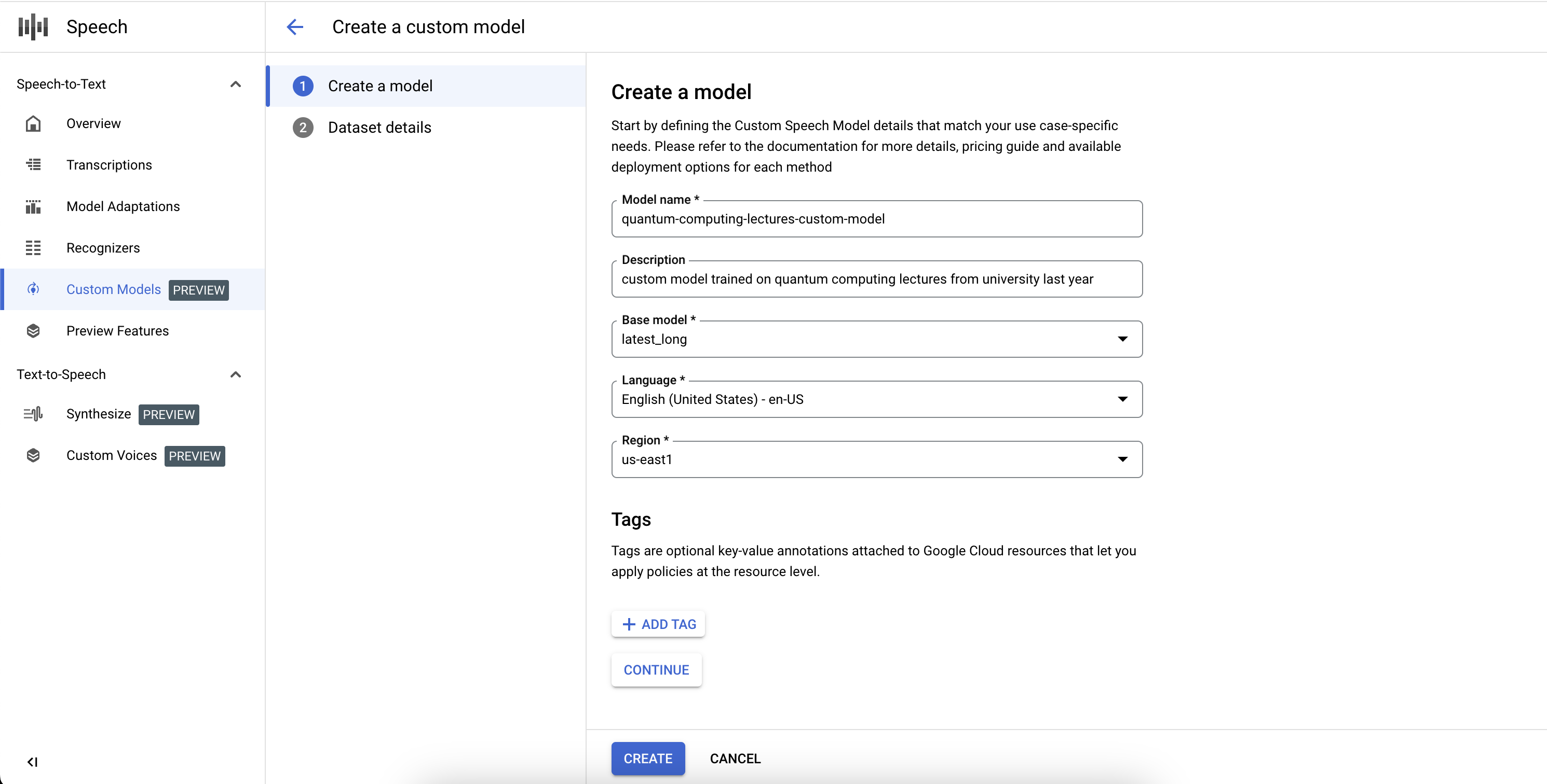 Screenshot of the Custom Speech-to-Text model creation workflow, showing the fields required for the custom model