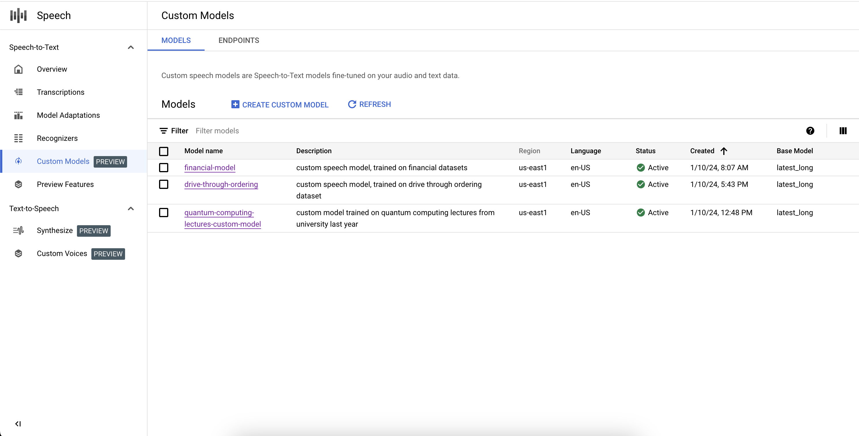 Screenshot of the Custom Speech-to-Text model list workflow, showing a table with all the already created custom models