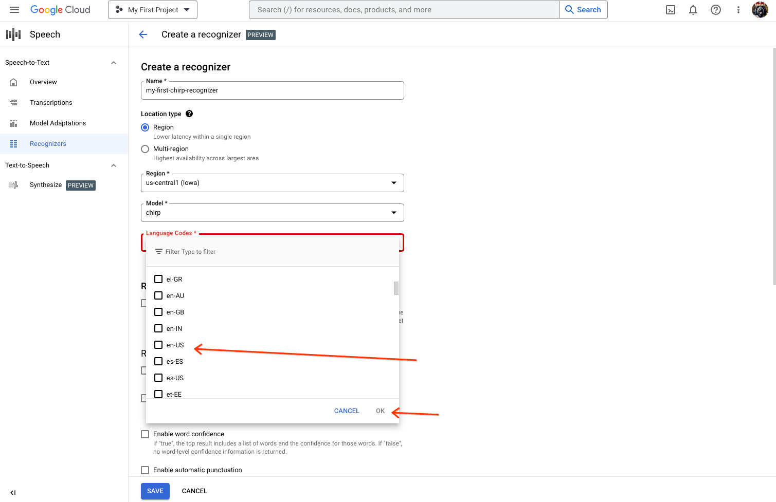 Capture d'écran de la page "Créer un outil de reconnaissance" de Speech-to-text.