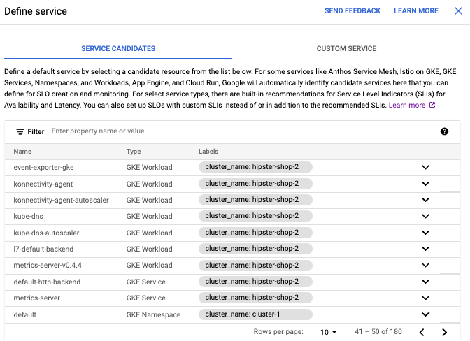 Potential services are listed on the **Service Candidates** tab.