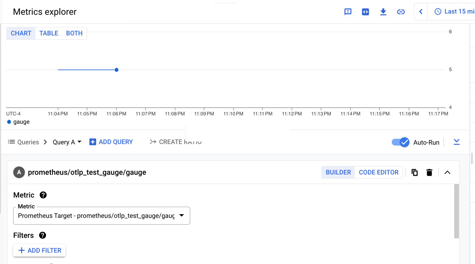 Grafico Metrics Explorer basato su Builder per la metrica di indicatore OTLP importata usando l&#39;API Prometheus.