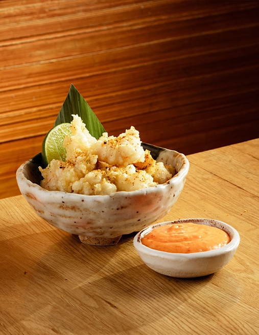 rock shrimp tempura, wasabi pea seasoning and chilli mayonnaise