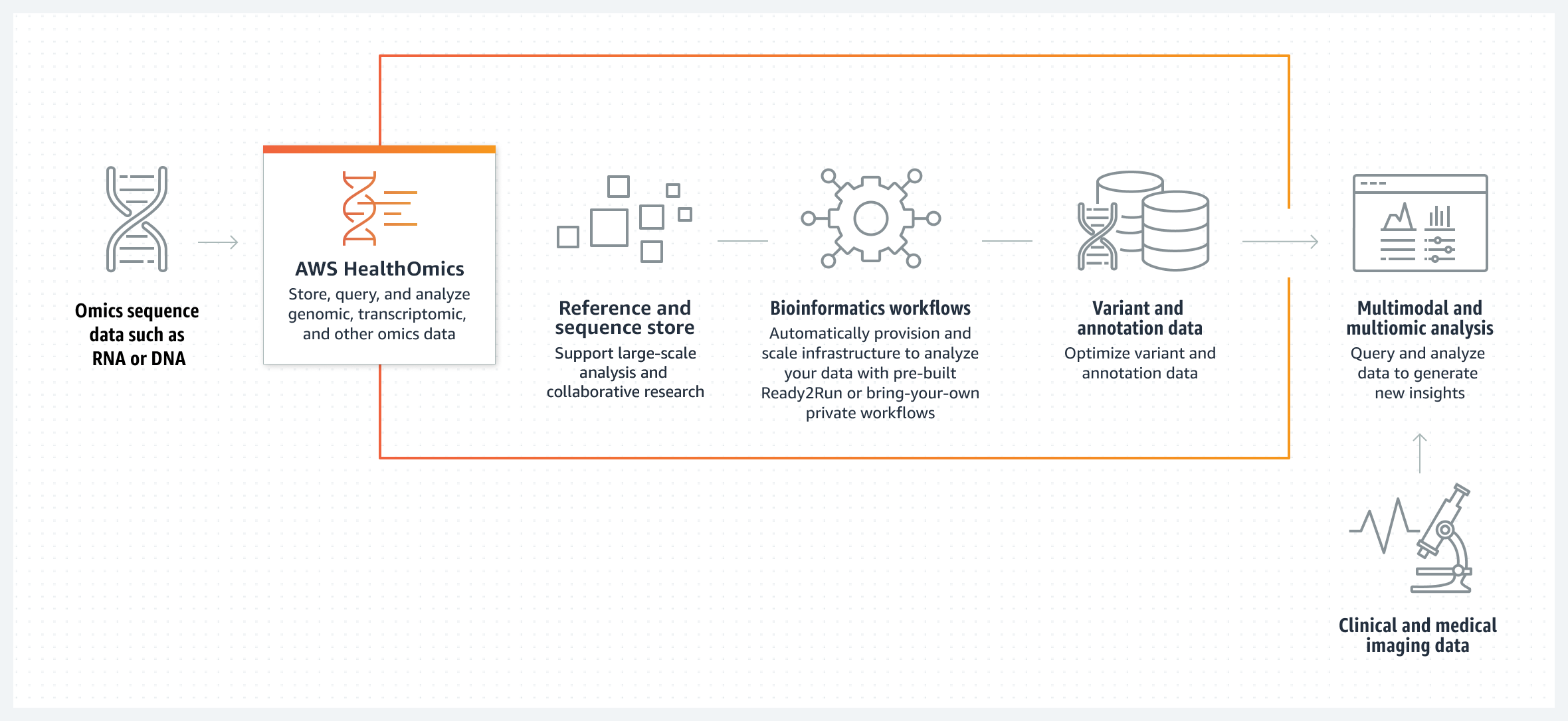 Şema, genom verilerinden içgörüler elde etmek için AWS HealthOmics'in nasıl kullanılacağını gösterir.