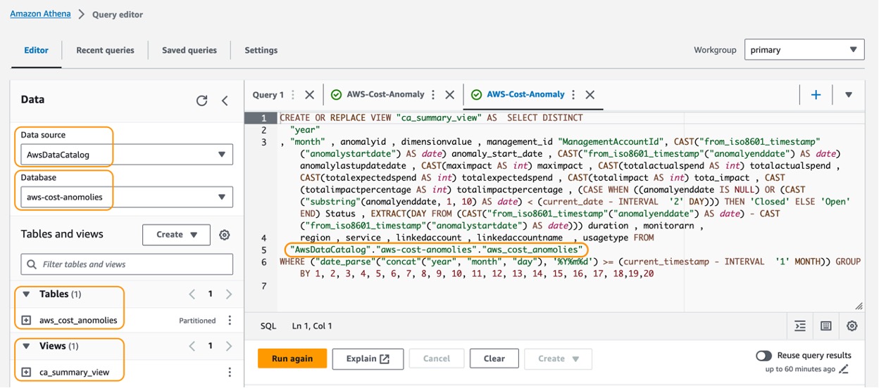 Athena query editor with the query code text populated