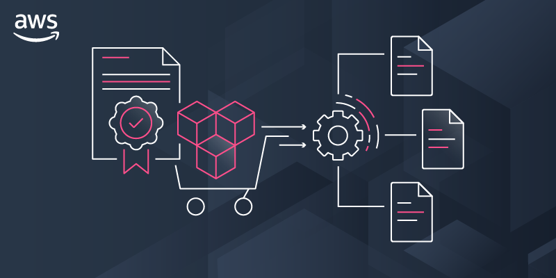 line art image of shopping cart containing blocks leading to documents