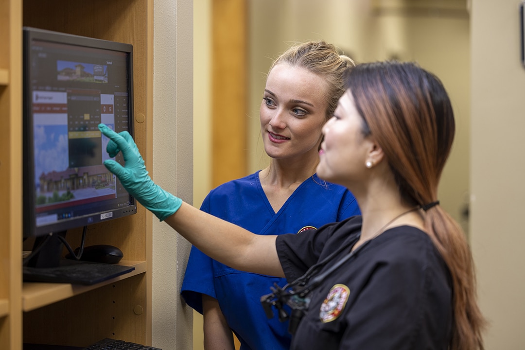 Dental depot employees review a calendar