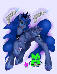 Size: 773x1000 | Tagged: dead source, safe, artist:slugbox, princess luna, alicorn, pony, g4, aqua teen hunger force, belt, crossover, cute, err, female, foreigner, foreigner belt, gun, ignignokt, laser gun, laser pistol, magic, mare, mooninites, moonraker, open mouth, raised hoof, shiny, simple background, smiling, telekinesis, weapon