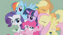 Size: 1280x720 | Tagged: safe, screencap, applejack, fluttershy, pinkie pie, rainbow dash, rarity, twilight sparkle, unicorn, friendship is magic, g4, my little pony: friendship is magic, female, mane six, unicorn twilight