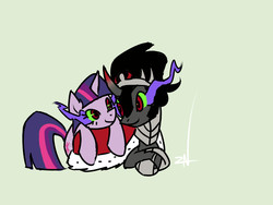 Size: 800x600 | Tagged: dead source, safe, artist:ponchuzn, king sombra, twilight sparkle, earth pony, pony, unicorn, g4, armor, cape, clothes, colored horn, crack shipping, cuddling, curved horn, cute, eye contact, female, horn, male, mare, prone, ship:twibra, shipping, simple background, smiling, snuggling, sombra eyes, sombra horn, sombradorable, stallion, straight, twiabetes