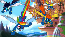 Size: 1181x677 | Tagged: safe, artist:alexmakovsky, blaze, rainbow dash, soarin', surprise (g4), pegasus, pony, g4, canterlot, clothes, female, flying, goggles, mare, open mouth, open smile, rainbow, smiling, uniform, waterfall, wonderbolts, wonderbolts uniform