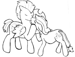 Size: 2592x1944 | Tagged: safe, artist:phonicb∞m, applejack, thunderlane, earth pony, pegasus, pony, fanfic:the weight of responsibility, g4, crack shipping, fanfic, fanfic art, female, kissing, male, mare, monochrome, ship:thunderjack, shipping, stallion