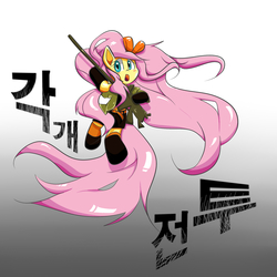 Size: 1280x1280 | Tagged: safe, artist:joycall6, fluttershy, g4, female, gun, korean, seeu, solo, vocaloid