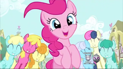 Size: 641x361 | Tagged: safe, screencap, bon bon, carrot top, cherry berry, golden harvest, linky, pinkie pie, sassaflash, shoeshine, spring melody, sprinkle medley, sweetie drops, earth pony, pony, a friend in deed, g4, my little pony: friendship is magic, cute, diapinkes, female, mare, open mouth, smile song, smiling