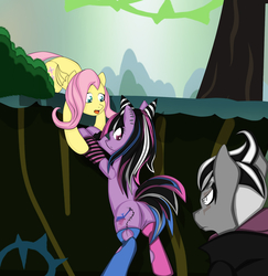 Size: 1846x1900 | Tagged: safe, fluttershy, oc, g4, butt, clothes, crossover, danganronpa, danganronpa 2, everfree forest, flank, guitar, gundham tanaka, ibuki mioda, plot, ponified, scar, socks, stockings, tumblr, tumblr comic