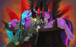 Size: 2125x1313 | Tagged: safe, artist:wynnchi, idw, king sombra, queen chrysalis, radiant hope, twilight sparkle, alicorn, changeling, changeling queen, pony, g4, spoiler:comic, a better ending for chrysalis, bad end, butt, colored horn, corrupted, curved horn, dark magic, eye clipping through hair, female, harem, horn, it's good to be the king, king sombra gets all the mares, magic, male, maledom, mare, mind control, plot, ship:chrysombra, ship:hopebra, ship:twibra, sombra eyes, sombra horn, straight, the bad guy wins, throne, twilight sparkle (alicorn), victorious villain