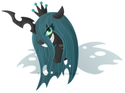 Size: 2149x1863 | Tagged: safe, artist:kitistraza, queen chrysalis, changeling, changeling queen, g4, crown, fangs, female, grin, jewelry, looking at you, regalia, smiling, solo, transparent wings, wings