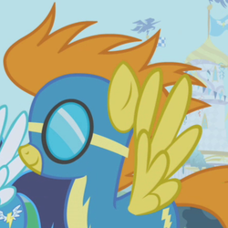 Size: 437x437 | Tagged: safe, screencap, blaze, soarin', pegasus, pony, g4, my little pony: friendship is magic, the ticket master, background pony, canterlot, clothes, cropped, female, goggles, mare, not spitfire, solo focus, uniform, wonderbolts, wonderbolts uniform