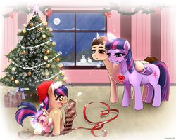 Size: 1270x1016 | Tagged: safe, artist:sanaya, twilight sparkle, oc, oc:mayday parker sparkle, alicorn, pegasus, pony, unicorn, g4, christmas tree, crossover, crossover shipping, daughter, family, father, father and daughter, gem, happy holidays, hat, hearth's warming eve, jewelry, male, merry christmas, mother, mother and daughter, necklace, offspring, parent:peter parker, parent:twilight sparkle, parents:spidertwi, peter parker, present, ribbon, ruby, santa hat, ship:spidertwi, shipping, snow, spider-man, straight, tree, twilight sparkle (alicorn)