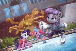 Size: 1920x1280 | Tagged: safe, artist:assasinmonkey, maud pie, pinkie pie, rarity, earth pony, pony, unicorn, g4, my little pony: friendship is magic, the gift of the maud pie, balancing, clothes, dress, female, frown, grin, ice rink, ice skates, ice skating, mare, maudjestic, open mouth, raised hoof, raised leg, scene interpretation, skating, skirt, smiling, statue of prometheus, that was fast