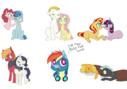 Size: 2000x1400 | Tagged: safe, artist:chiweee, applejack, big macintosh, bulk biceps, fluttershy, party favor, pinkie pie, rainbow dash, rarity, sunset shimmer, thunderlane, twilight sparkle, earth pony, pony, g4, clothes, cuddling, cute, female, hnnng, lesbian, looking at you, lying down, male, mane six, mare, missing cutie mark, pinkie being pinkie, ship:flutterbulk, ship:partypie, ship:rarimac, ship:sunsetsparkle, ship:thunderjack, shipping, simple background, sitting, sleeping, snuggling, standing, straight, text, transparent background, wonderbolts uniform