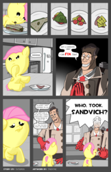 Size: 1600x2473 | Tagged: safe, artist:tricky-vic, fluttershy, pony, comic:fortresshy, g4, baby, baby pony, babyshy, crossover, medic, medic (tf2), team fortress 2