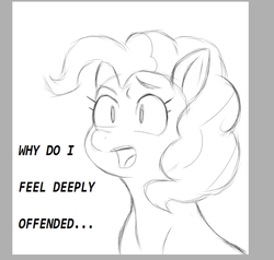 Size: 931x887 | Tagged: safe, artist:number1pegasus, pinkie pie, earth pony, pony, g4, bust, dialogue, female, grayscale, monochrome, open mouth, sketch, solo