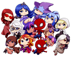 Size: 5000x4000 | Tagged: safe, artist:kirael-art, discord, princess luna, sonata dusk, sunset shimmer, trixie, twilight sparkle, zecora, oc, oc:ben parker sparkle, oc:mayday parker sparkle, human, g4, absurd resolution, black cat, chibi, crossover, crossover shipping, eris, felicia hardy, gwen stacy, humanized, julia carpenter, madame web, male, marvel, offspring, parent:peter parker, parent:twilight sparkle, parents:spidertwi, patricia parker, peter parker, rule 63, ship:spidertwi, shipping, simple background, spider-gwen, spider-man, spider-mare, spider-woman, straight, superhero, transparent background