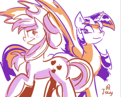 Size: 952x767 | Tagged: safe, artist:jowyb, applejack, twilight sparkle, alicorn, earth pony, pony, twijack weekly, g4, duo, female, lesbian, limited palette, mare, ship:twijack, shipping, simple background, twilight sparkle (alicorn), white background