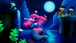 Size: 1920x1080 | Tagged: safe, screencap, princess luna, alicorn, pony, do princesses dream of magic sheep, g4, my little pony: friendship is magic, cute, dream, dreamscape, eyes closed, female, flower, giant flower, giant mushroom, glowing flower, glowing mushroom, happy, luna's dream, mare, moon, mushroom, night, pond, prone, scenery, scenery porn, sleeping, smiling, solo, surreal, waterfall