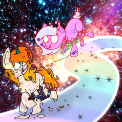 Size: 2000x2000 | Tagged: safe, artist:binkyt11, oc, oc only, oc:bubble pops, oc:sweet ecstasy, earth pony, pony, unicorn, bubble, clusterfuck, high res, i'm sorry, melting, space, trippy, wat