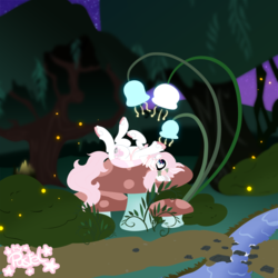 Size: 2000x2000 | Tagged: safe, artist:pastel-pony-princess, oc, oc only, oc:fae bellblossom, firefly (insect), pony, cute, flower, forest, giant mushroom, glowing flower, high res, mushroom, river, signature, solo