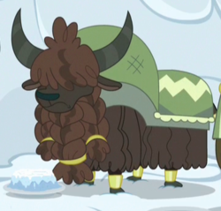 Size: 361x345 | Tagged: safe, screencap, yak, g4, my little pony: friendship is magic, not asking for trouble, background yak, beard, braided beard, cloven hooves, cropped, facial hair, frown, hair over eyes, snow cake, solo, yves