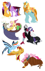 Size: 1700x2700 | Tagged: safe, artist:vchart920, applejack, discord, flash magnus, fluttershy, lord tirek, pinkie pie, prince rutherford, rainbow dash, rarity, rockhoof, sunburst, twilight sparkle, alicorn, centaur, draconequus, earth pony, pegasus, pony, unicorn, yak, g4, beard, braided beard, cloven hooves, colored wings, colored wingtips, crack shipping, dashmagnus, ear piercing, earring, facial hair, female, interspecies, jewelry, male, mane six, mare, multicolored hair, multicolored wings, nose piercing, nose ring, piercing, rarirek, rockjack, septum piercing, ship:discoshy, ship:pinkieford, ship:twiburst, shipping, simple background, sitting, stallion, straight, transparent background, twilight sparkle (alicorn), unshorn fetlocks