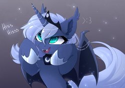 Size: 2288x1621 | Tagged: safe, artist:magnaluna, princess luna, alicorn, bat pony, bat pony alicorn, pony, g4, :3, >:3, alternate design, bat ears, bat ponified, bat wings, bipedal, cheek fluff, chest fluff, cute, cute little fangs, ear fluff, ear tufts, fangs, female, fluffy, glare, hissing, hoof shoes, horn, horn jewelry, jewelry, leg fluff, lidded eyes, looking up, lunabetes, mare, nightmare luna, open mouth, race swap, s1 luna, slit pupils, smiling, smirk, solo, sparkles, spread wings, wing jewelry, wings