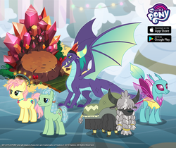 Size: 940x788 | Tagged: safe, gameloft, beachcomber (g4), gaius, high tide (g4), spiracle, yeager, changedling, changeling, dragon, earth pony, pony, yak, g4, my little pony: friendship is magic, official, the hearth's warming club, braided beard, cloven hooves, facebook, facial hair, female, google play, male, mare, stallion