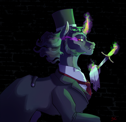 Size: 3307x3208 | Tagged: safe, artist:sourcherry, king sombra, pony, umbrum, unicorn, g4, clothes, colored horn, curved horn, dagger, hat, high res, horn, magic, sombra eyes, sombra horn, top hat, victorian, weapon