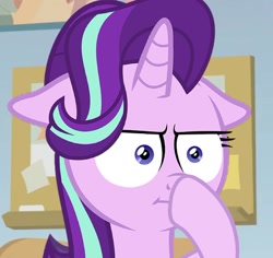 Size: 578x545 | Tagged: safe, edit, edited screencap, screencap, starlight glimmer, pony, unicorn, g4, marks for effort, my little pony: friendship is magic, season 8, :i, boop, cropped, crossing the memes, female, floppy ears, glimmerposting, i mean i see, mare, meme, self-boop, solo