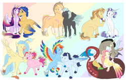 Size: 1600x1024 | Tagged: safe, artist:arexstar, applejack, discord, donut joe, flash sentry, fluttershy, pinkie pie, princess skystar, rainbow dash, rarity, soarin', thunderlane, twilight sparkle, alicorn, classical hippogriff, hippogriff, pegasus, pony, unicorn, g4, abstract background, alternate design, alternate hairstyle, big mare, colored wings, female, lesbian, male, mane six, markings, multicolored wings, rarijoe, scar, ship:discoshy, ship:flashlight, ship:skypie, ship:soarindash, ship:thunderjack, shipping, straight, twilight sparkle (alicorn), two toned wings, wings