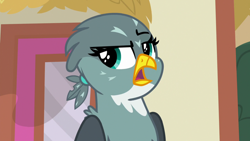 Size: 1920x1080 | Tagged: safe, screencap, gabby, griffon, dragon dropped, g4, my little pony: friendship is magic, eyeroll, female, gabby is not amused, head feathers, narrowed eyes, ponytail, raised eyebrow, solo, talking, unimpressed